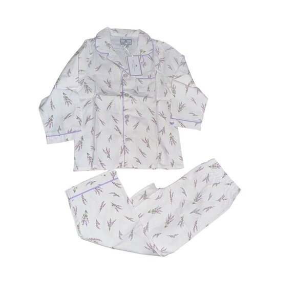 Petite Plume Girls Lavender Floral Pajama Set Cotton Long Sleeve Button-Down Top - Picture 2 of 14